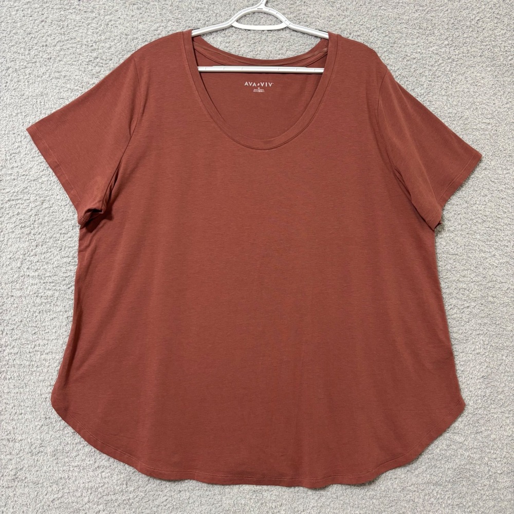 Soft Cotton Modal Stretch Tee 2X Scoop Neck Basic Top Terracotta Rust Curved Hem